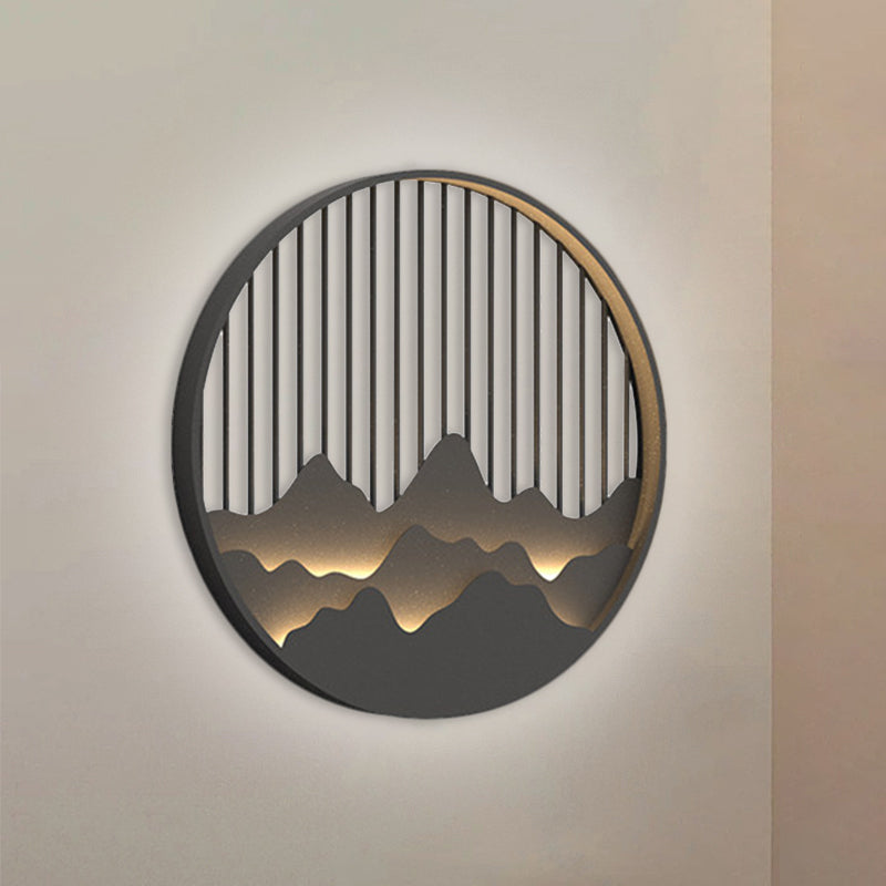 Round Mountain Wall Sconce Asian Style Metallic LED Black Wall Mural Mount Lighting Fixture
