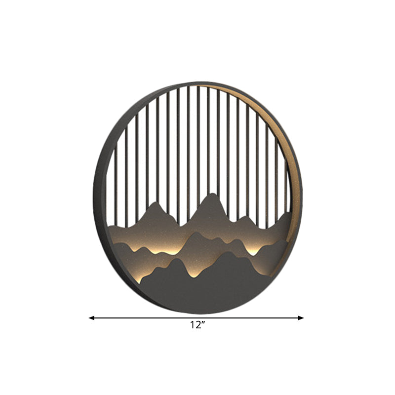 Round Mountain Wall Sconce Asian Style Metallic LED Black Wall Mural Mount Lighting Fixture