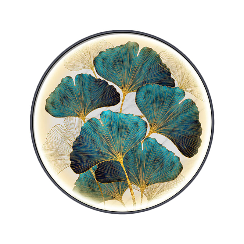 Circular Ginkgo Leave Wall Lighting Asia Style Metal LED Tearoom Wall Mural Sconce in Green/Yellow-Green