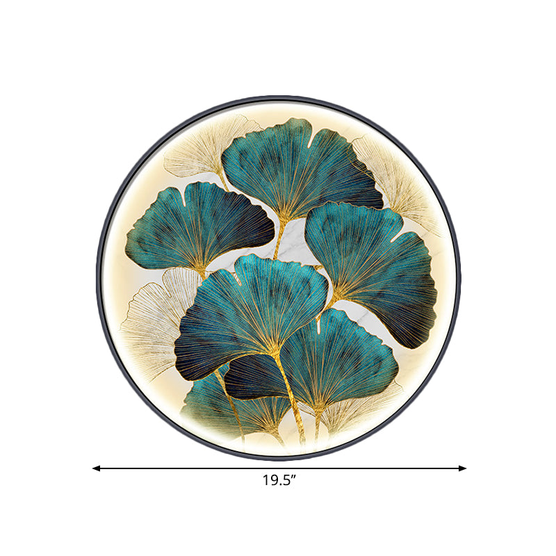 Circular Ginkgo Leave Wall Lighting Asia Style Metal LED Tearoom Wall Mural Sconce in Green/Yellow-Green