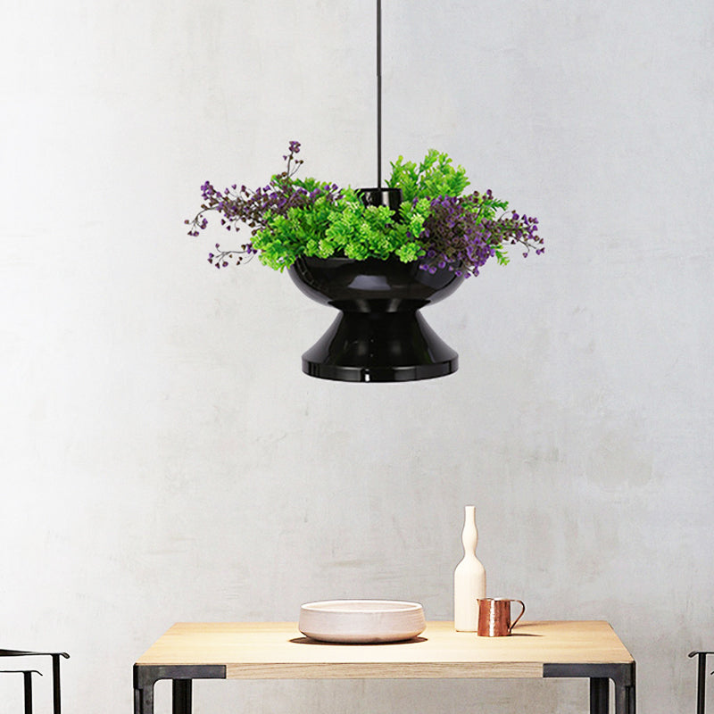 Metal Hot Pot Drop Pendant Farmhouse 1 Head Dining Room LED Hanging Ceiling Light in Black with Artificial Plant Deco