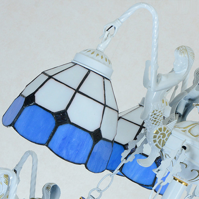 Blue Grid Patterned Pendant Light Tiffany 15 Lights Stained Glass Chandelier Lamp with Mermaid Decoration