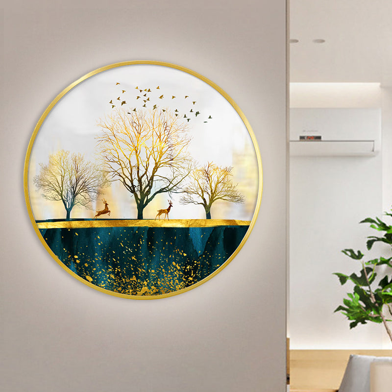 Fabric Circle Wall Mounted Light Asian LED Green Wall Mural Lamp with Elk and Bird/Tree Pattern