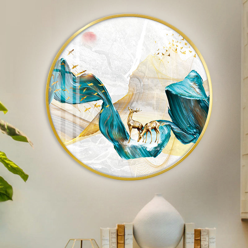Fabric Circle Wall Mounted Light Asian LED Green Wall Mural Lamp with Elk and Bird/Tree Pattern