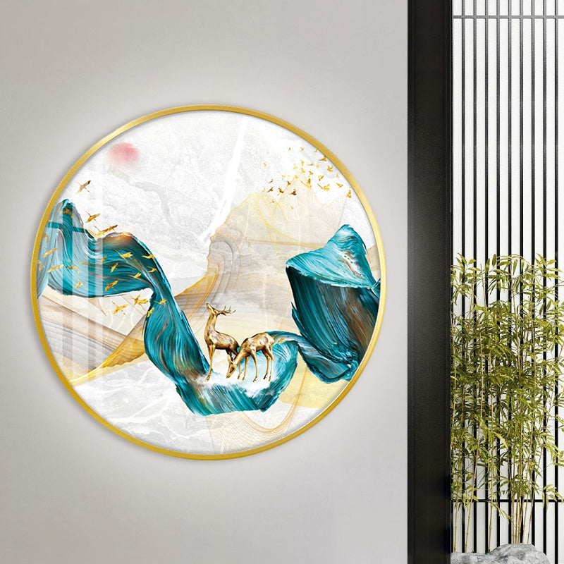 Fabric Circle Wall Mounted Light Asian LED Green Wall Mural Lamp with Elk and Bird/Tree Pattern