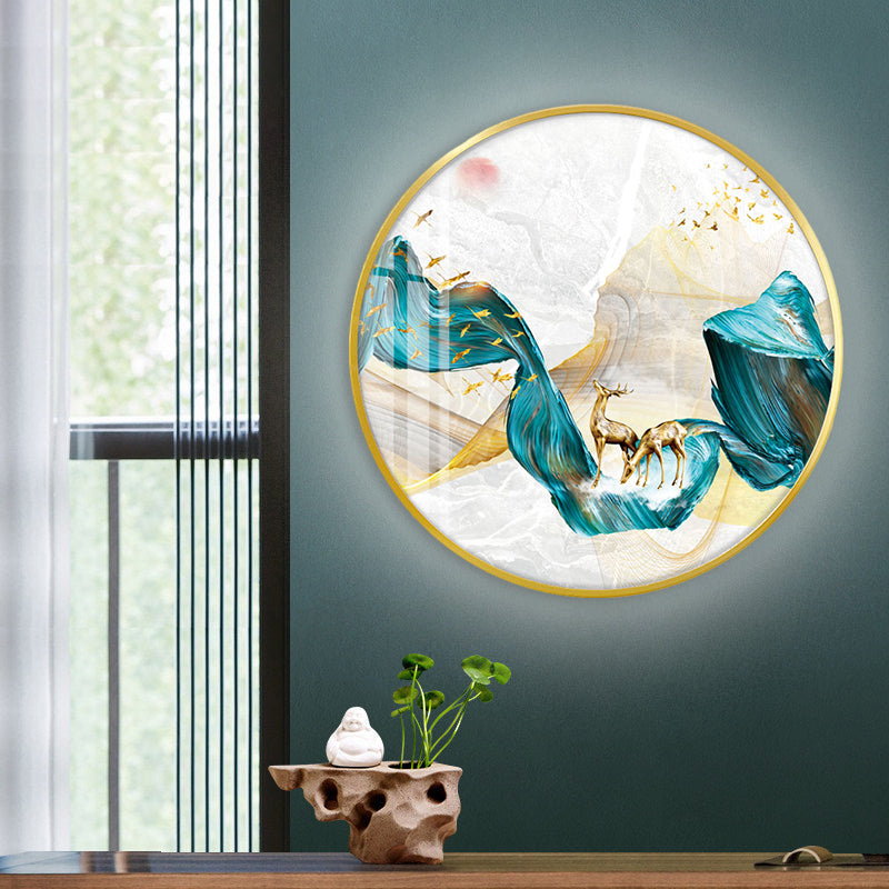 Fabric Circle Wall Mounted Light Asian LED Green Wall Mural Lamp with Elk and Bird/Tree Pattern