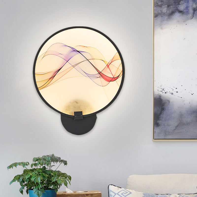Circle Flush Wall Mural Sconce Asia Fabric White/Beige LED Silk Wall Mounted Lighting Fixture