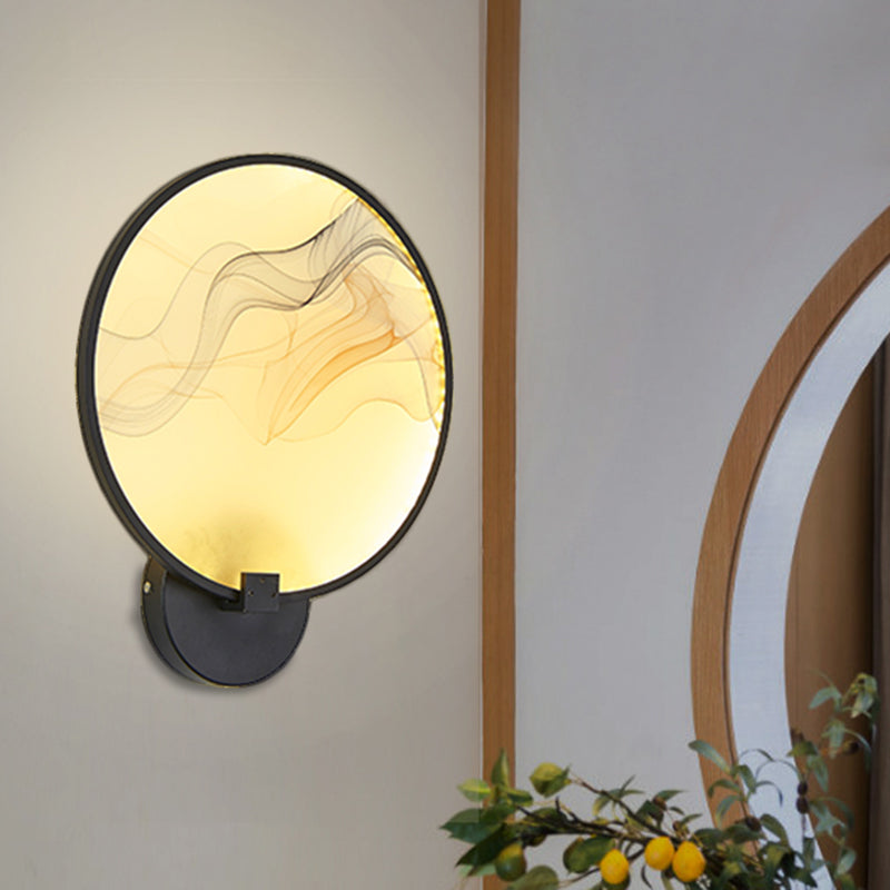 Circle Flush Wall Mural Sconce Asia Fabric White/Beige LED Silk Wall Mounted Lighting Fixture