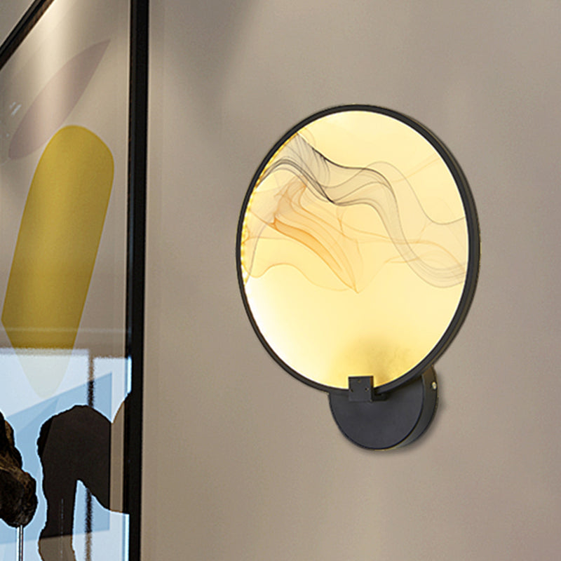 Circle Flush Wall Mural Sconce Asia Fabric White/Beige LED Silk Wall Mounted Lighting Fixture
