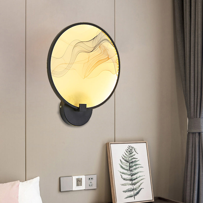 Circle Flush Wall Mural Sconce Asia Fabric White/Beige LED Silk Wall Mounted Lighting Fixture