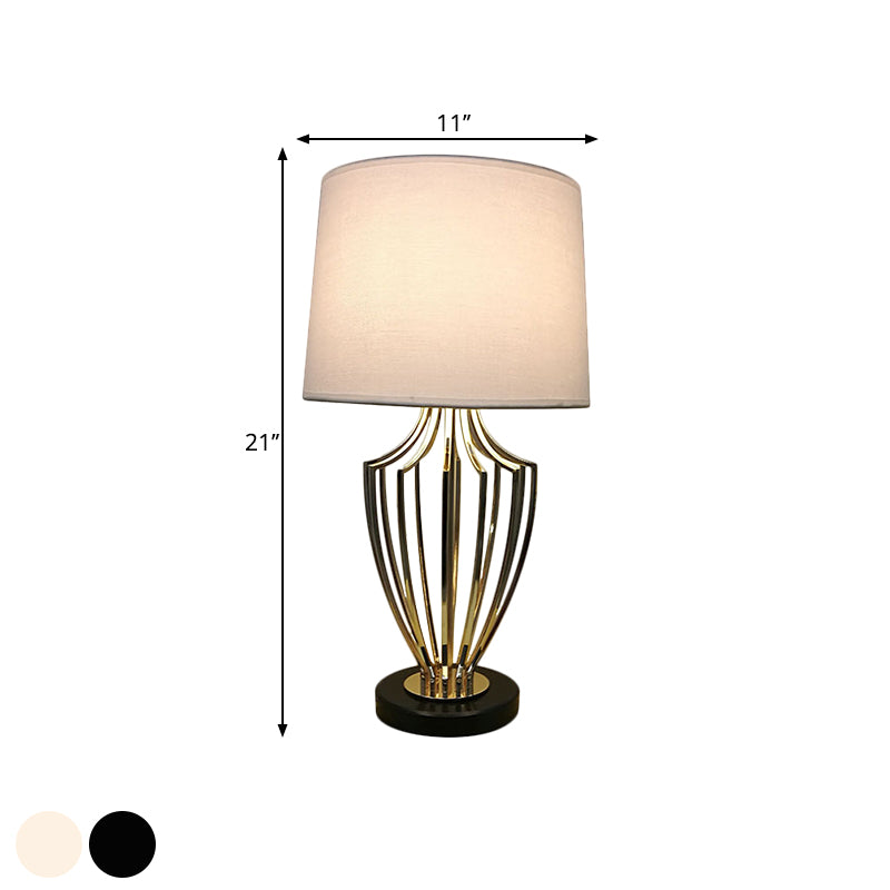 Minimal Barrel Night Table Lamp Fabric 11"/14" W 1 Head Bedroom Desk Lighting in Black/White with Urn Cage Base