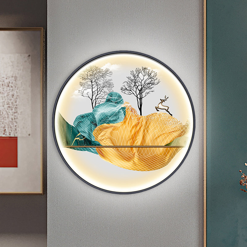 Yellow/Green Circle Wall Light Fixture Asian Style LED Fabric Wall Mural Mount Lamp with Landscape Pattern