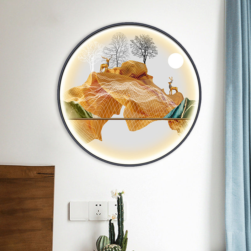 Yellow/Green Circle Wall Light Fixture Asian Style LED Fabric Wall Mural Mount Lamp with Landscape Pattern