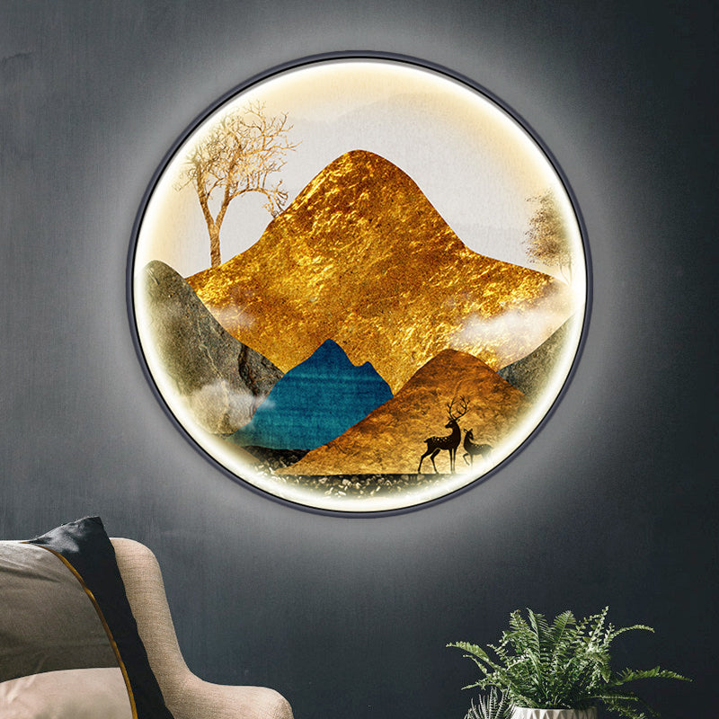 Yellow/Green Circle Wall Light Fixture Asian Style LED Fabric Wall Mural Mount Lamp with Landscape Pattern