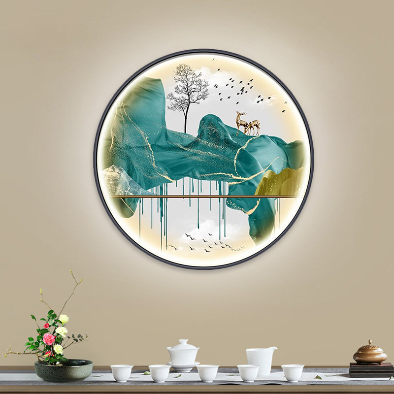 Yellow/Green Circle Wall Light Fixture Asian Style LED Fabric Wall Mural Mount Lamp with Landscape Pattern