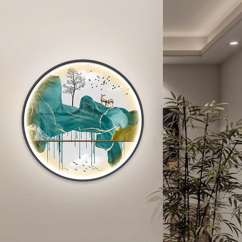 Yellow/Green Circle Wall Light Fixture Asian Style LED Fabric Wall Mural Mount Lamp with Landscape Pattern