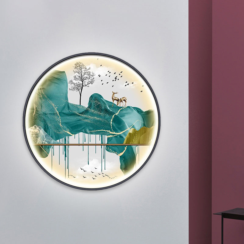 Yellow/Green Circle Wall Light Fixture Asian Style LED Fabric Wall Mural Mount Lamp with Landscape Pattern