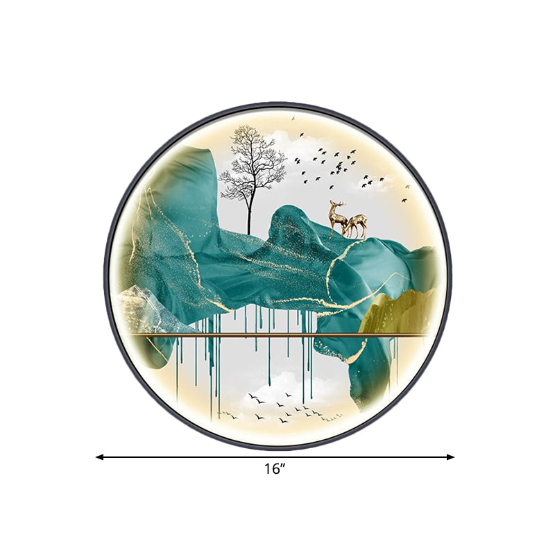 Yellow/Green Circle Wall Light Fixture Asian Style LED Fabric Wall Mural Mount Lamp with Landscape Pattern