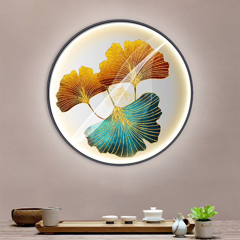 Asiatische runde Wand Wandhalterung Lampe LED LED-Korridor Wandleuchte mit Ginkgoblattmuster in Gelb/Gelbgrün