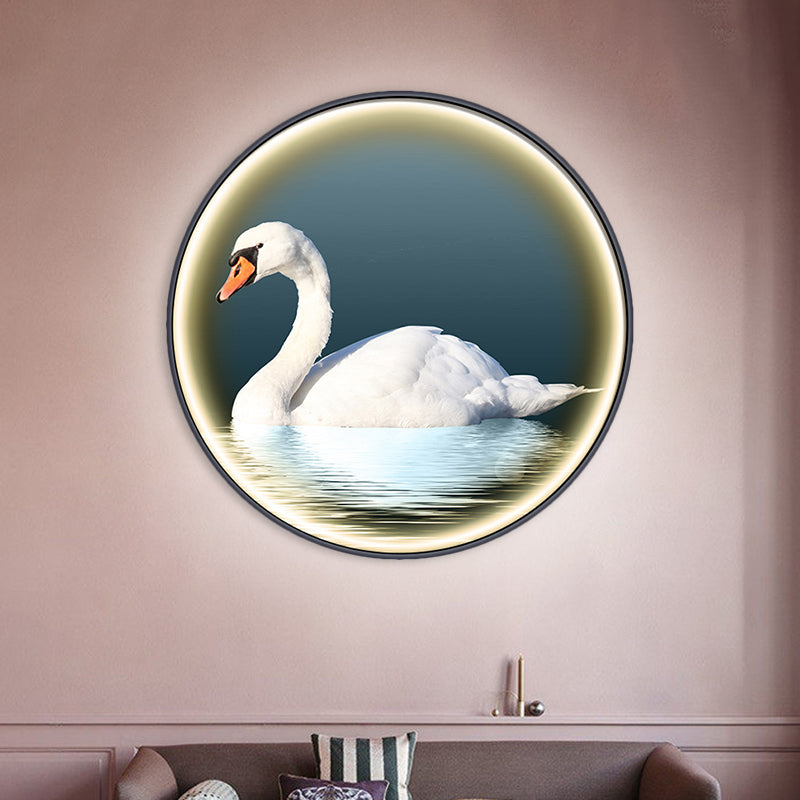 Round Bedroom Wall Mural Lamp Fixture Metal Asian Swan LED Surface Wall Sconce in White, Left/Right