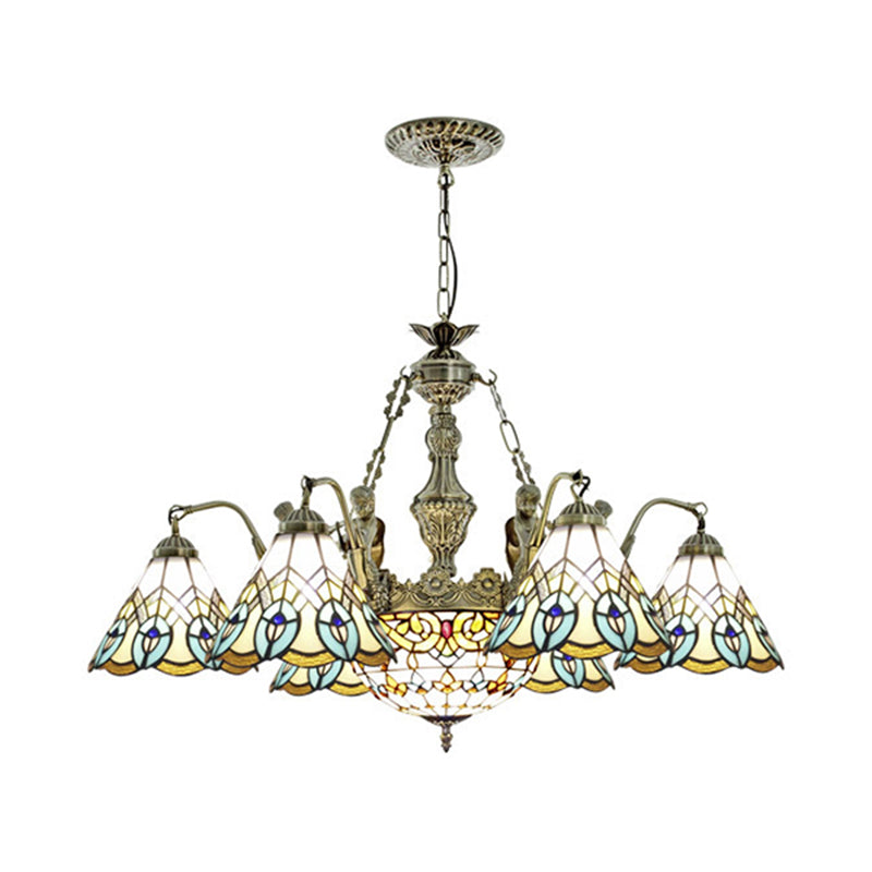 9 Lights Peacock Pendant Lighting Tiffany Style White Stained Glass Chandelier Lamp