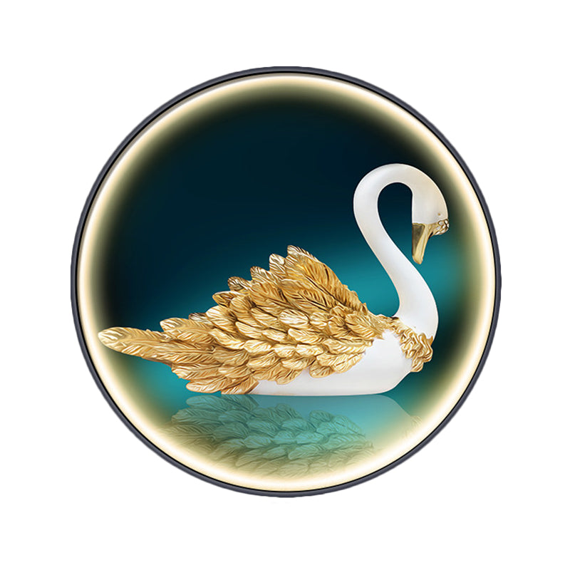 LED Parlor Swan Wall Mounted Light Asian Green Wall Mural Sconce with Round Metal Shade, Left/Right