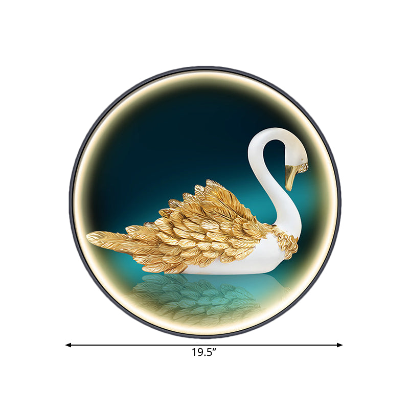 LED Parlor Swan Wall Mounted Light Asian Green Wall Mural Sconce with Round Metal Shade, Left/Right