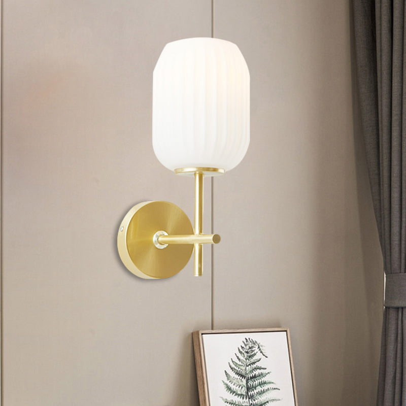 1 Light Bedside Wall Light Fixture Simple Gold Wall Sconce with Lantern Cream Glass Shade
