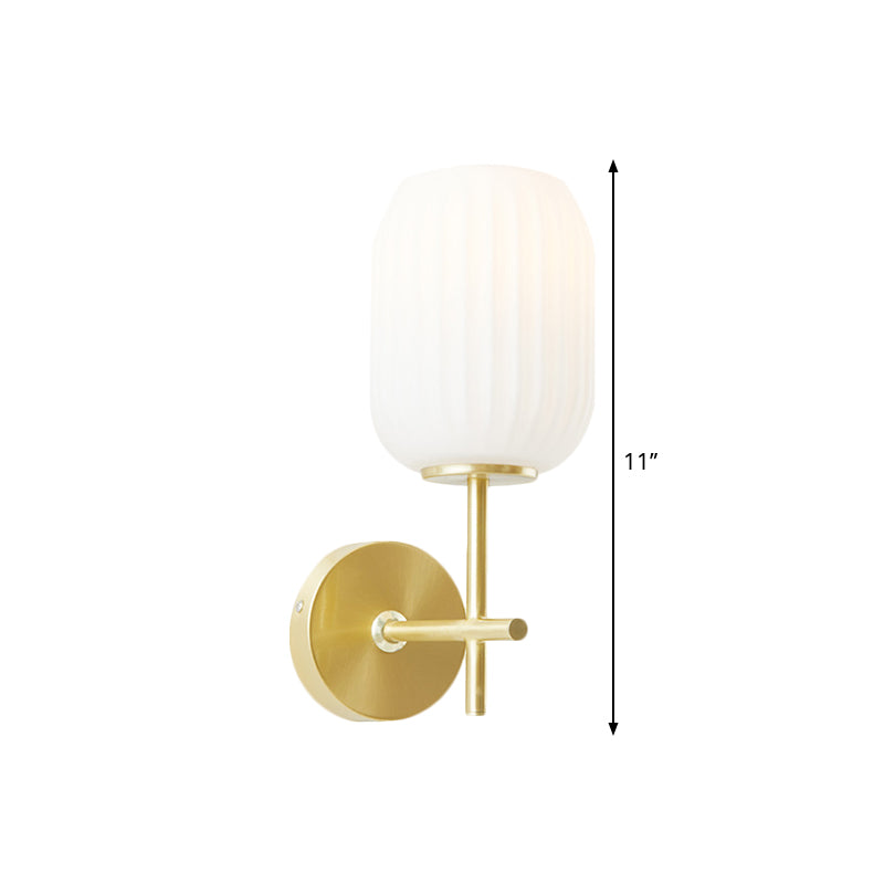 1 Light Bedside Wall Light Fixture Simple Gold Wall Sconce with Lantern Cream Glass Shade