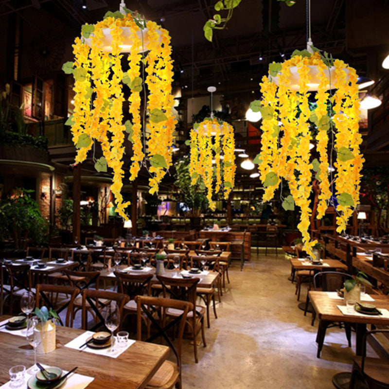 Yellow 1 Head Drop Pendant Industrial Metal Donut Hanging Ceiling Light with PVC Floral Deco