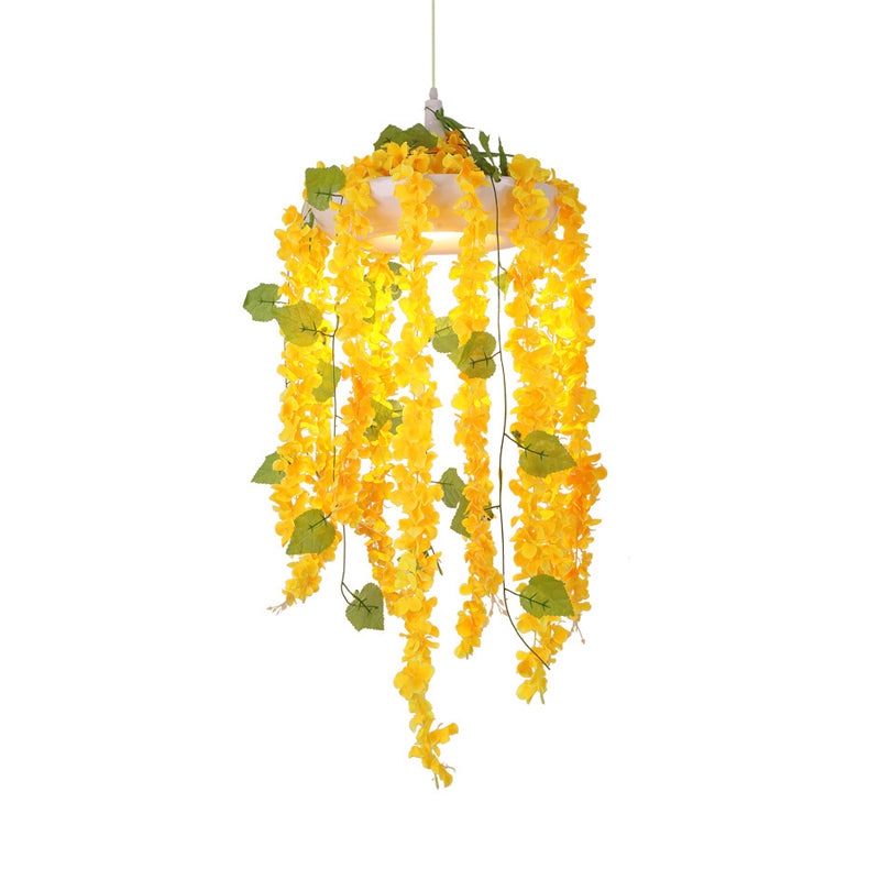 Yellow 1 Head Drop Pendant Industrial Metal Donut Hanging Ceiling Light with PVC Floral Deco