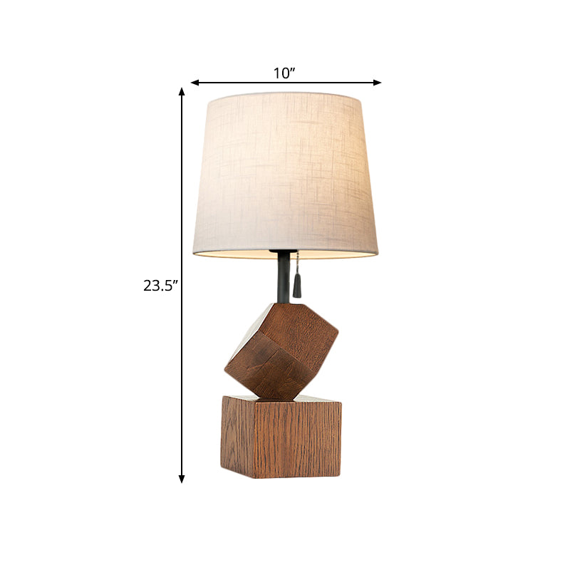 Lampada da comodino beige/barile marrone semplice 1 tavolo da notte in tessuto a testa con base cubica in legno