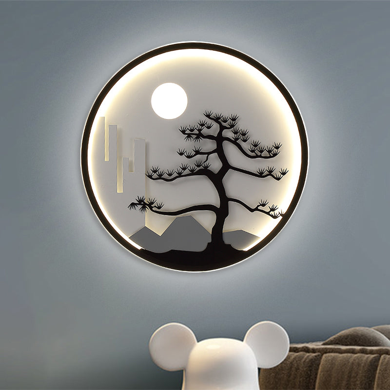 Metal Circular Wall Mural Mount Lighting Asia LED Black Wall Light with Moon and Tree Pattern