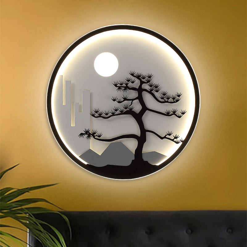 Metal Circular Wall Mural Mount Lighting Asia LED Black Wall Light with Moon and Tree Pattern