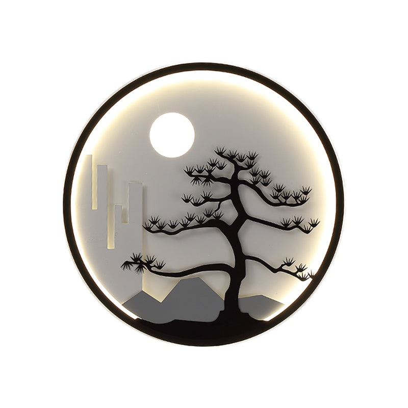 Metal Circular Wall Mural Mount Lighting Asia LED Black Wall Light with Moon and Tree Pattern