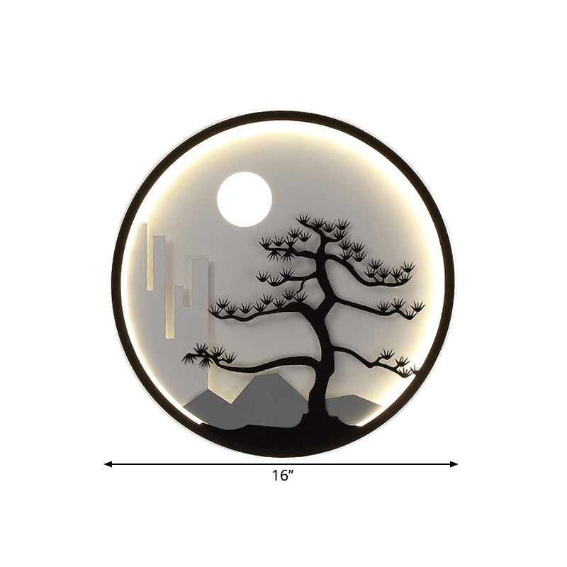 Metal Circular Wall Mural Mount Lighting Asia LED Black Wall Light with Moon and Tree Pattern