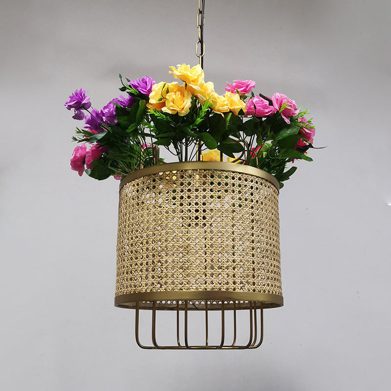 Loft Cylinder Pendant Ceiling Light 1 Light Metal Hanging Lamp Kit in Beige with Floral Deco