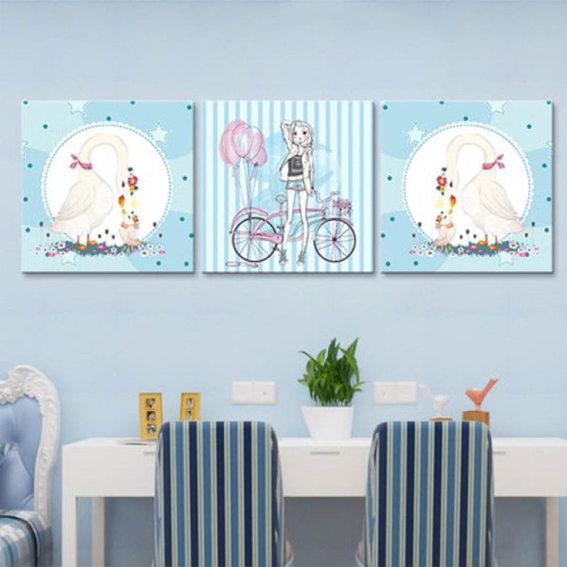 Girl and Swan Wall Art Decor Cartoon Textured Kids Play Room Canvas Print, Set of 3