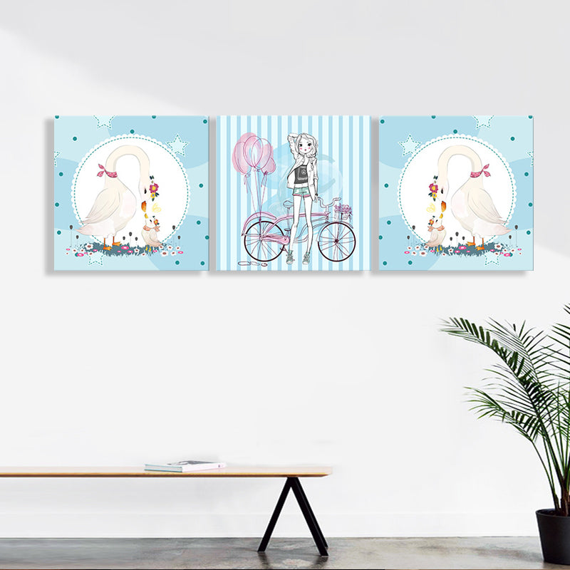 Girl and Swan Wall Art Decor Cartoon Textured Kids Play Room Canvas Print, Set of 3