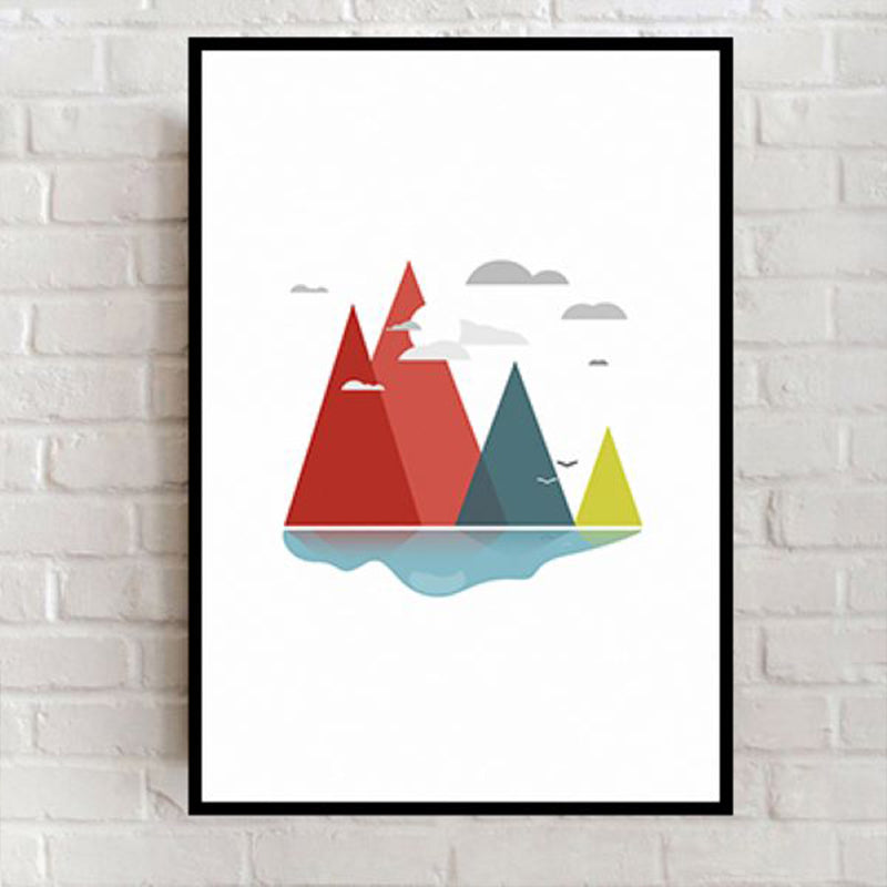 River Mountains Landscape Canvas Kids Textured Living Room Wall Art in Red and White