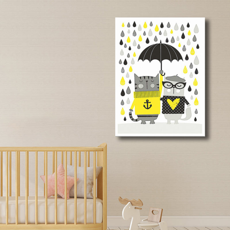 Cats with Umbrella Wall Art Print Kids Style Funny Animal Canvas in Grey for Bedroom