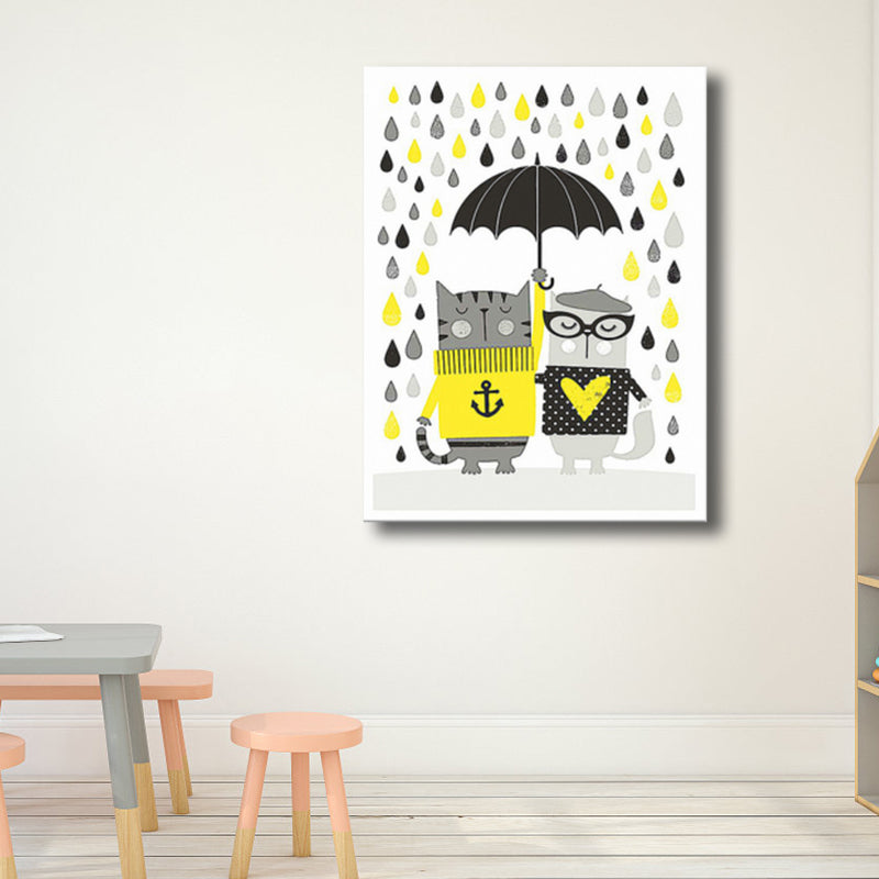 Cats with Umbrella Wall Art Print Kids Style Funny Animal Canvas in Grey for Bedroom