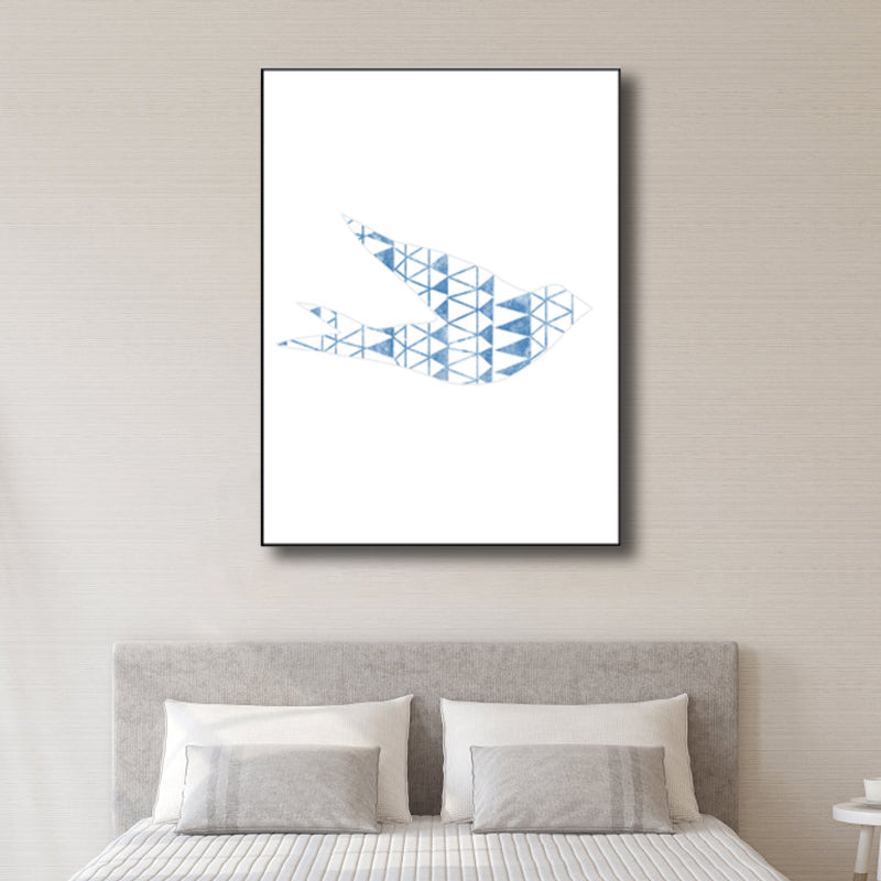 Kids Style Flying Bird Art Print Boys Bedroom Wall Decor in Blue on White, Textured