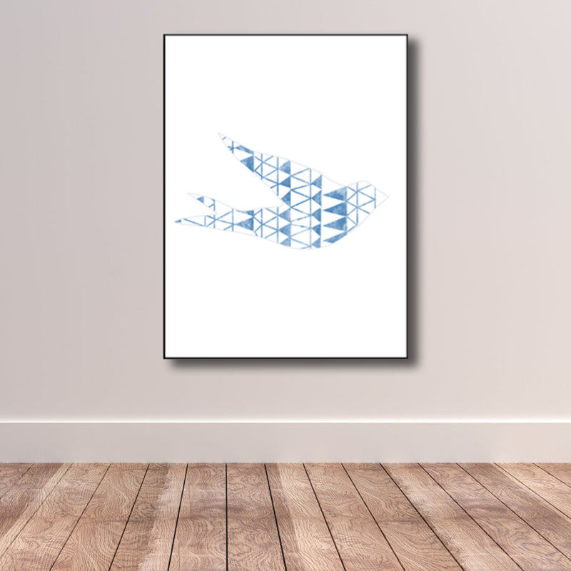 Kids Style Flying Bird Art Print Boys Bedroom Wall Decor in Blue on White, Textured