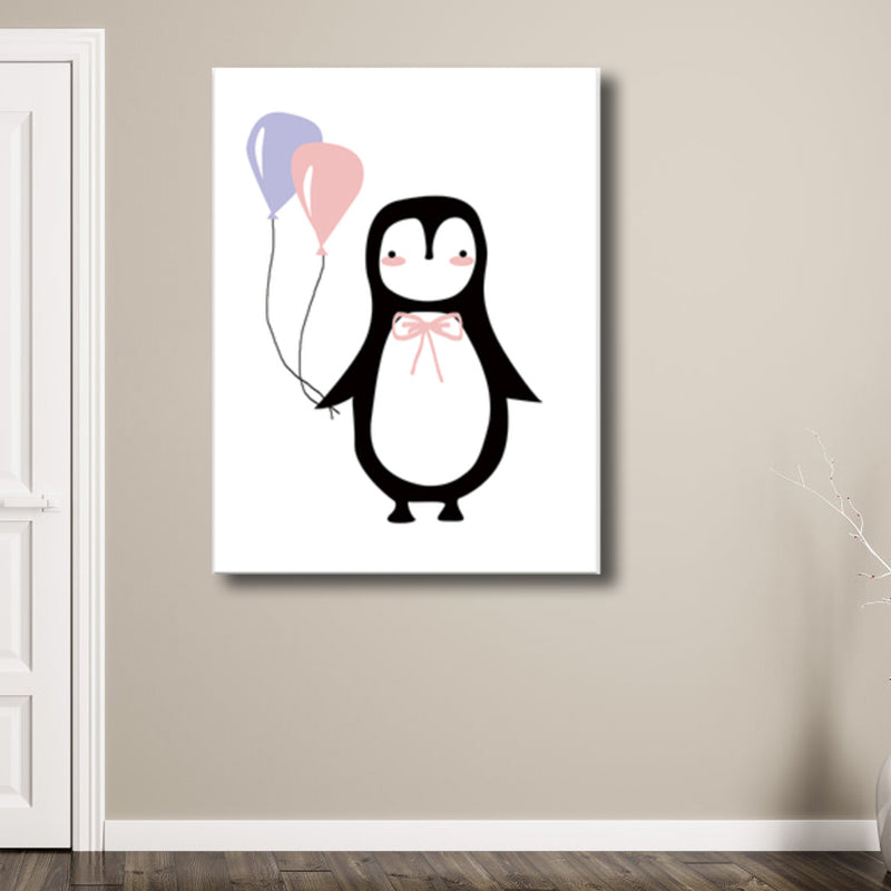 Penguin with Balloon Wall Decor Children's Art Textured Canvas Print in Black for Bedroom