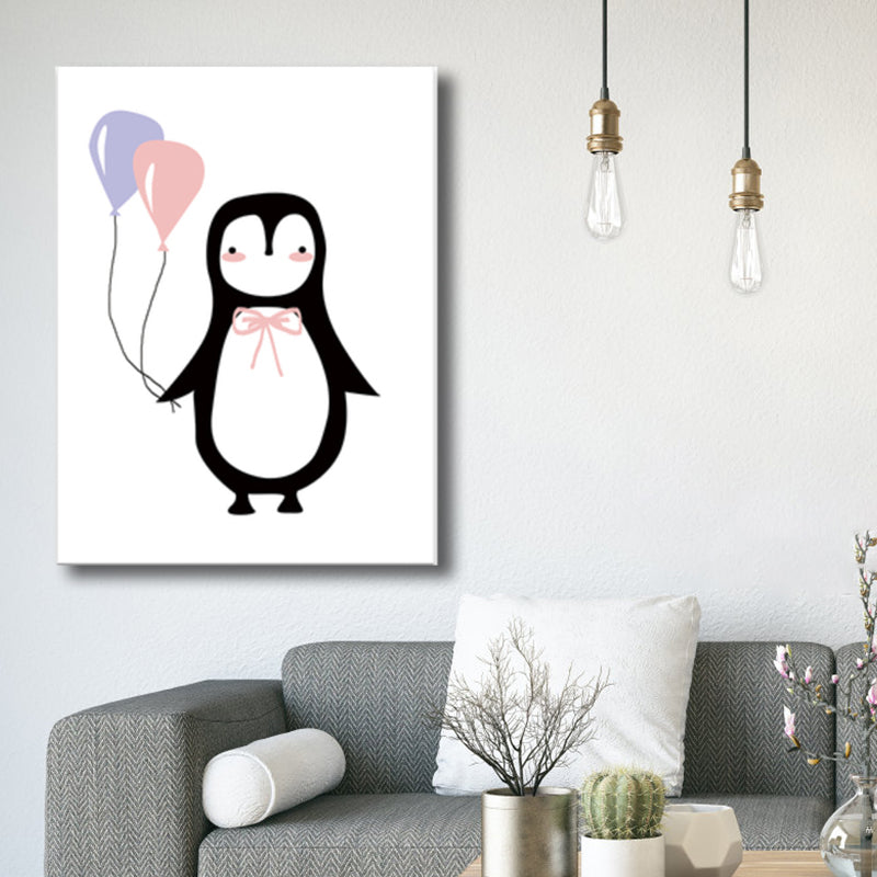 Penguin with Balloon Wall Decor Children's Art Textured Canvas Print in Black for Bedroom
