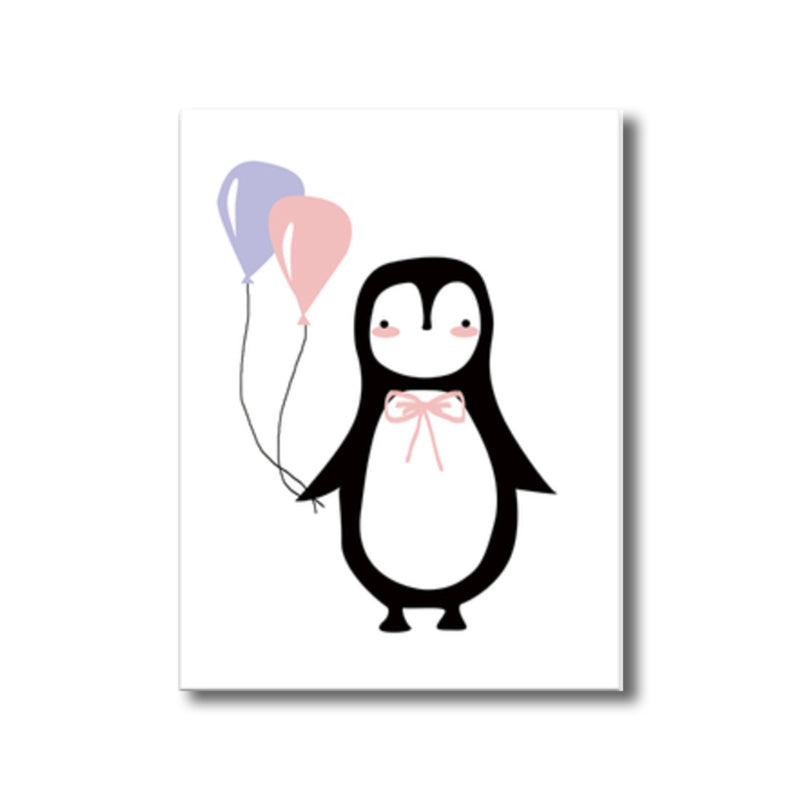 Penguin with Balloon Wall Decor Children's Art Textured Canvas Print in Black for Bedroom