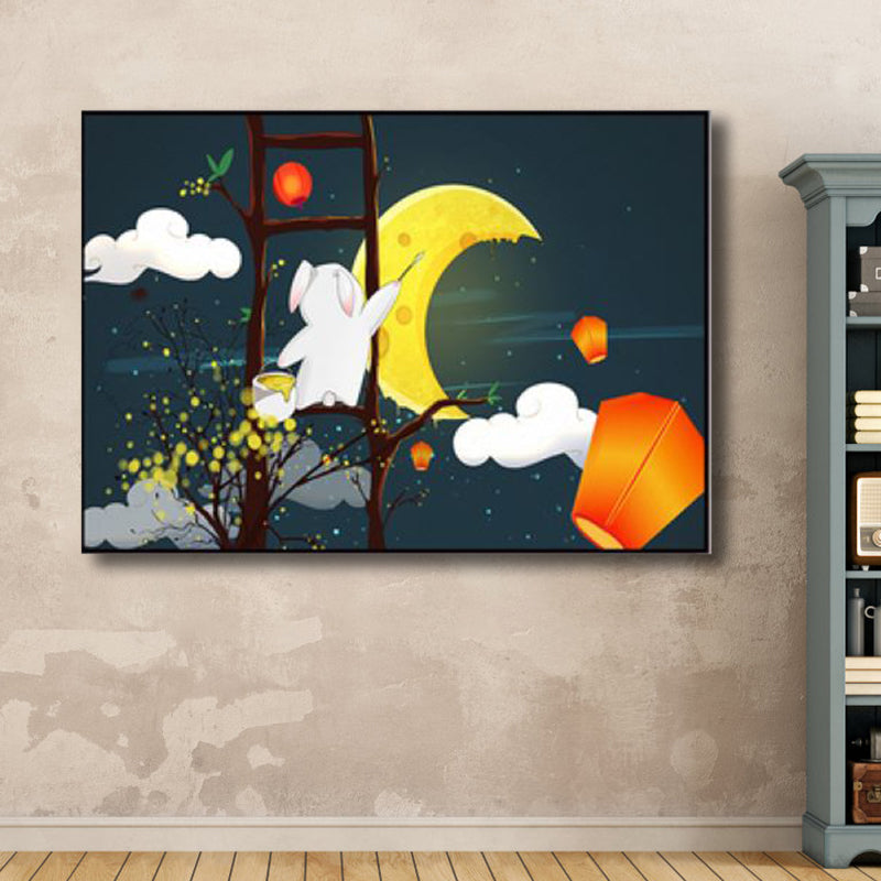 Night Sky Moon Scene Canvas Cartoon Textured Wall Art Decor in Dark Color for Home