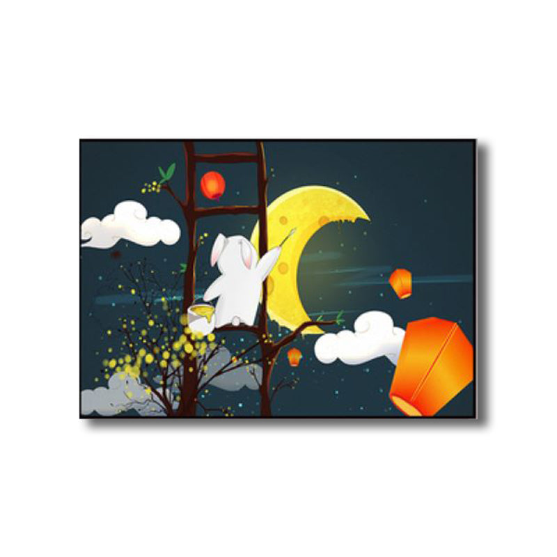 Night Sky Moon Scene Canvas Cartoon Textured Wall Art Decor in Dark Color for Home