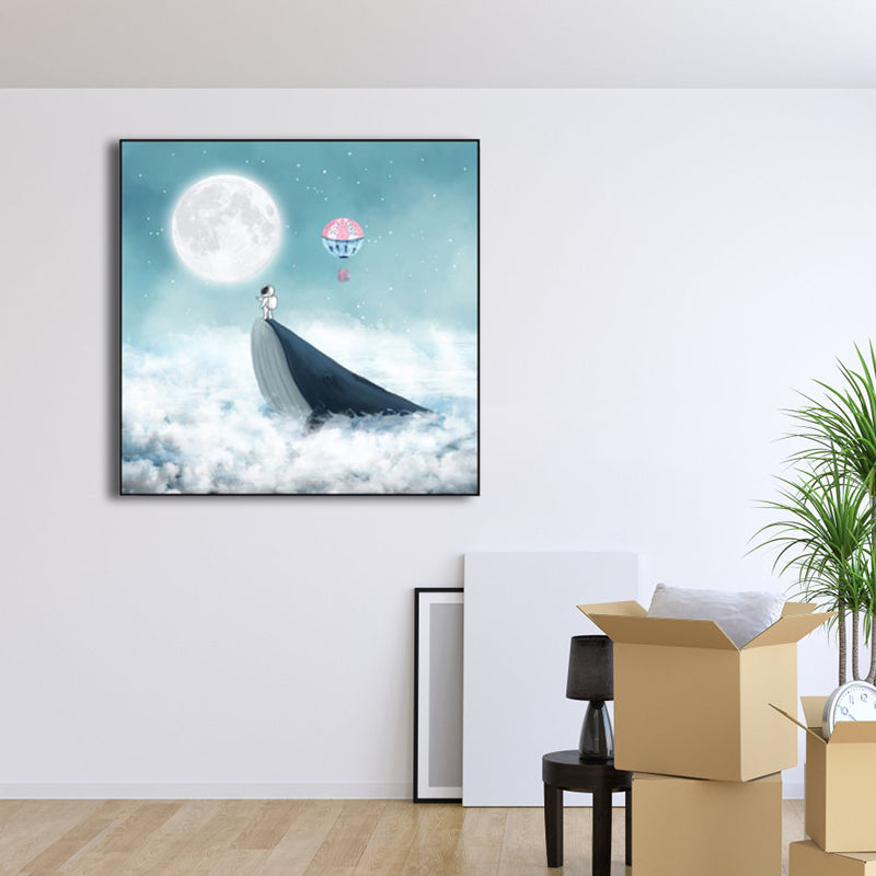Moon Night Flying Whale Canvas Art Blue Kids Wall Decor for Sitting Room, Textured